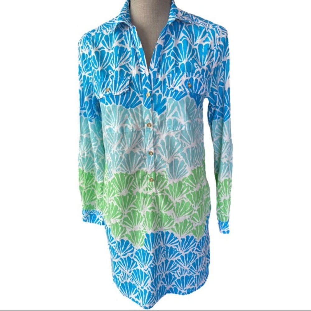 Lilly Pulitzer shirt dress tunic XS button up long sleeve pastels shell print - Picture 10 of 10